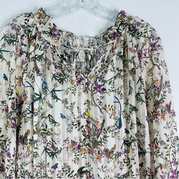 H&M cream green floral bird garden boho ruffle semi sheer top 8 - Picture 2 of 9